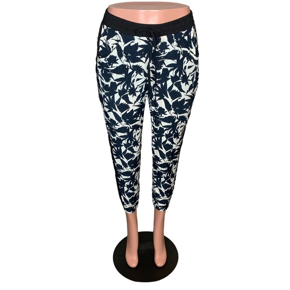 Topshop Floral Border Jogger Elastic Waistband Blue White Size 6